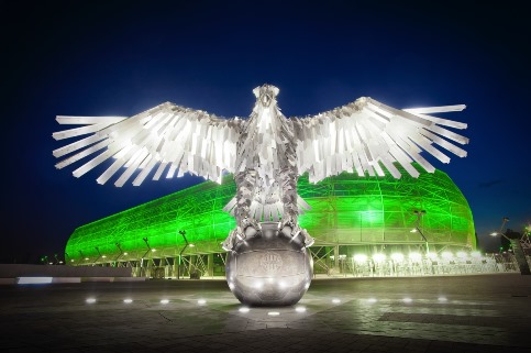 Mascot of Ferencváros in front of the building